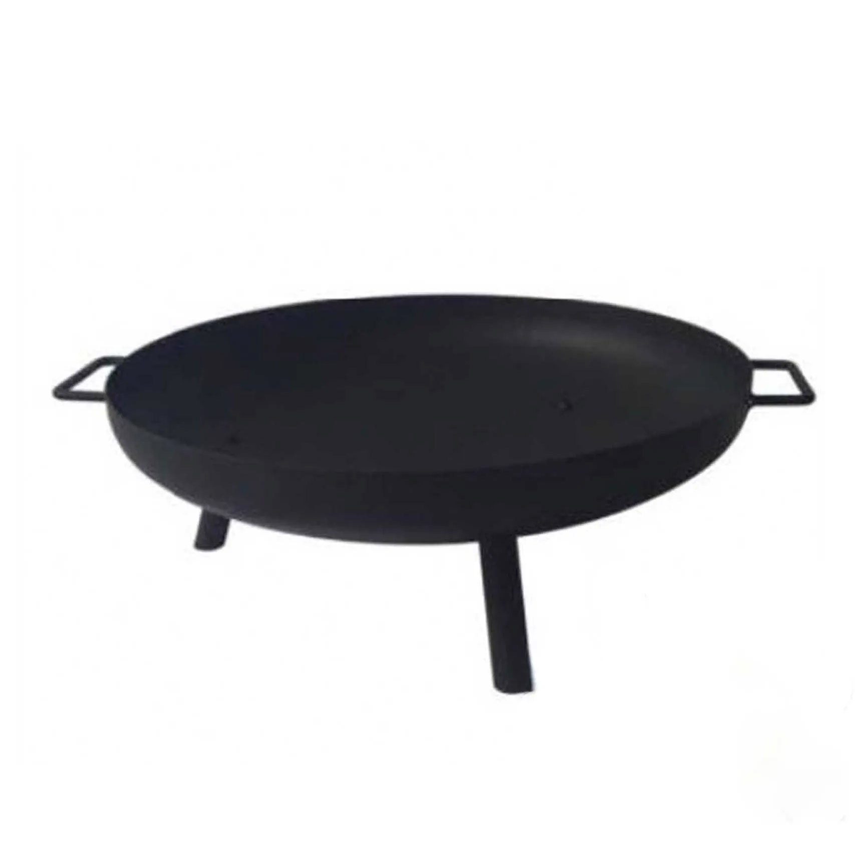 Black cast iron fire pit with handles.