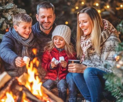 Family roasting marshmallows by outdoor Christmas campfire.