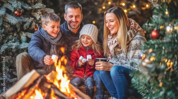 Family roasting marshmallows by outdoor Christmas campfire.