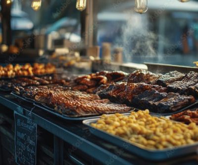 Street food stall with grilled meats and pasta.