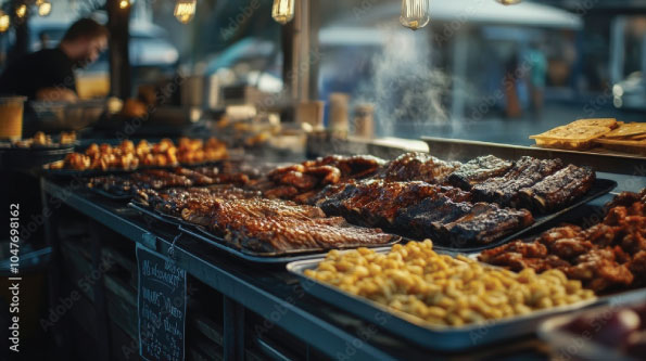 Street food stall with grilled meats and pasta.