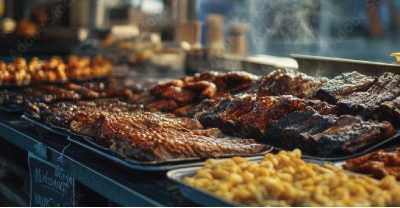 Assortment of grilled meats and potatoes on display.