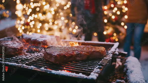 Grilled steaks with festive lights background