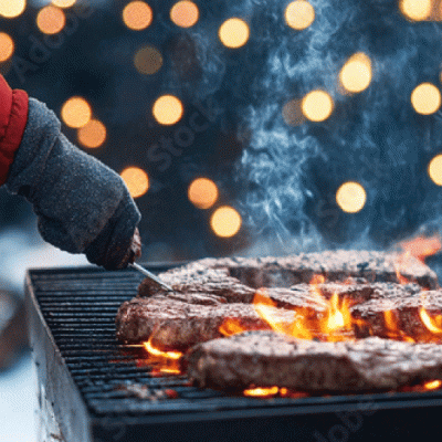 Winter barbecue with festive lights and cooking meat.