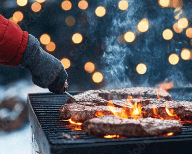 Winter barbecue with festive lights and cooking meat.