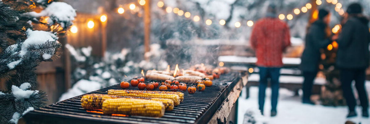 Winter barbecue with corn and tomatoes grilling.