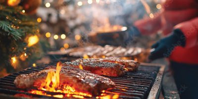 Winter barbecue with steaks and festive lights.