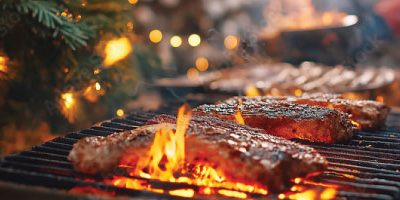 Grilled steaks cooking over festive barbecue flames.