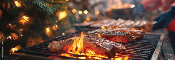 Grilled steaks cooking over festive barbecue flames.