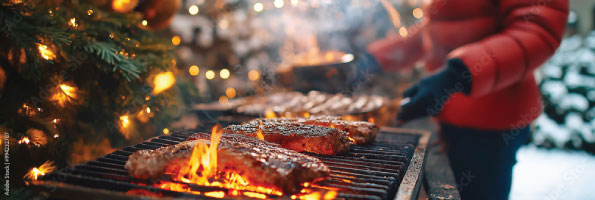 Barbecue during winter with festive lights.